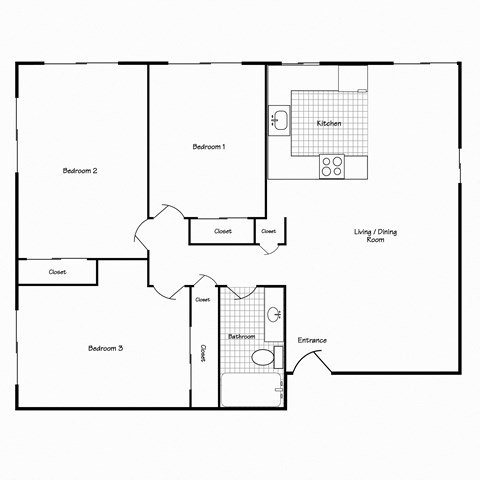 Floor plan for 3 beds, 1 bath, 905 sqft